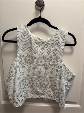 LOFT White Cropped Tank with Gray Floral Embroidery